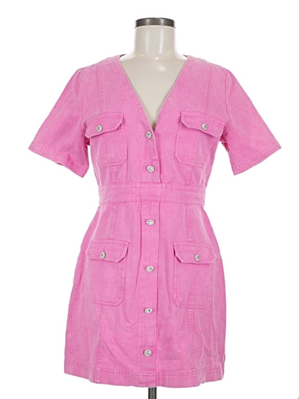 NWOT ee:some Barbie Pink Denim Dress Rhinestone Button Front Zipper Back